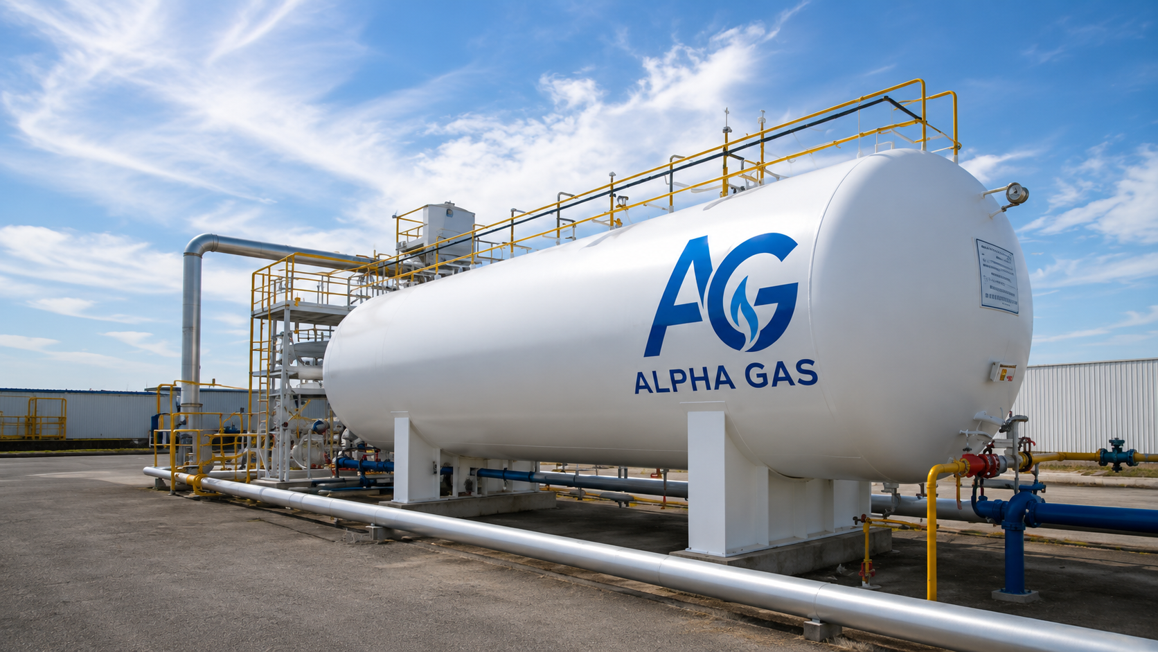 Βιομηχανική δεξαμενή υγραερίου LPG με το λογότυπο της ALPHA GAS